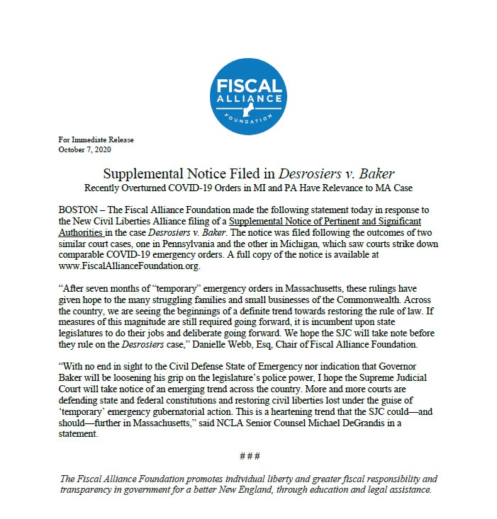 Cover of Supplemental notice filed in Desrosiers v. Baker