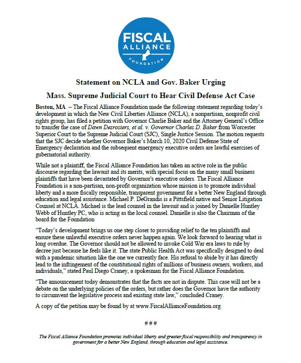 Cover of NCLA and Gov. Baker urge the SJC to hear the Civil Defense Act case