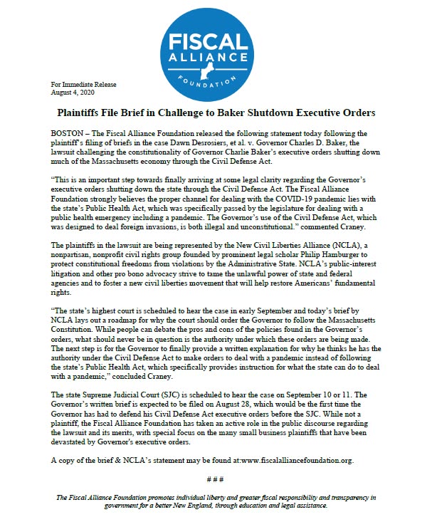Cover of Plaintiffs file brief in the challenge to the Baker shutdown orders